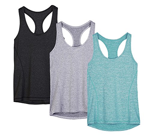 icyzone Camiseta de Fitness Deportiva de Tirantes para Mujer, Pack de 3 (XXL, Negro/Granito/Verde)