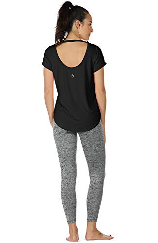 icyzone Camiseta de Yoga Deportiva de Manga Corta de Espalda Abierta para Mujer (M, Negro)