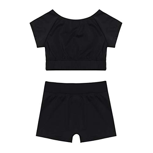 IEFIEL Conjuntos Deportivos para Niña Pantalones Cortos Y Crop Top Ajustado Chaleco Camiseta Corta Leotardo De Gimnasia Fitness Gym Negro A 7-8 años