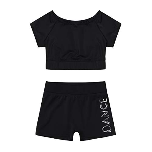 IEFIEL Conjuntos Deportivos para Niña Pantalones Cortos Y Crop Top Ajustado Chaleco Camiseta Corta Leotardo De Gimnasia Fitness Gym Negro A 7-8 años