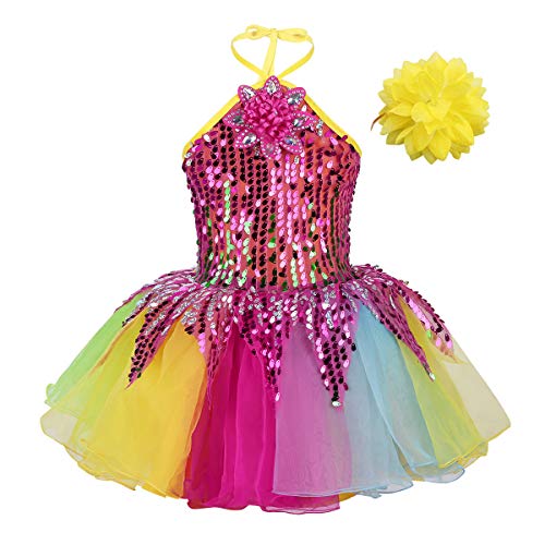 IEFIEL Disfraz Bailarina Niña Lentejuelas Princesa Maillot Tutú Fiesta Vestido de Danza Flores Traje de Ballet Ropa para Baile Actuación Competición Rosa Amarillo 8-10 años