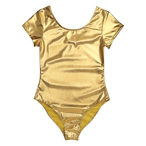 IEFIEL Maillot de Danza Ballet Body de Una Pieza Wetlook Gimnasia Leotardo Maillot Charol Elástico Manga Larga/Corta Maillot Danza Gimnasia Monos Bodycon Dorado A S