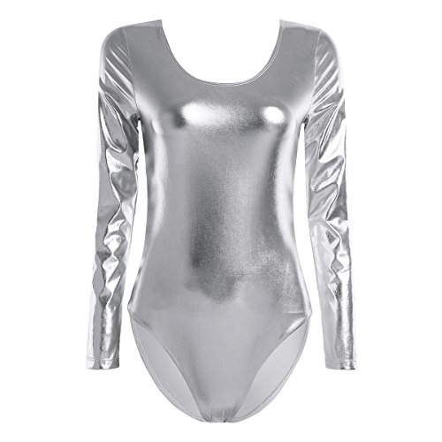 IEFIEL Maillot de Danza Ballet Gimnasia Leotardo De Manga Larga Body Clásico Elástico de Charol para Mujer Chica Plateado M