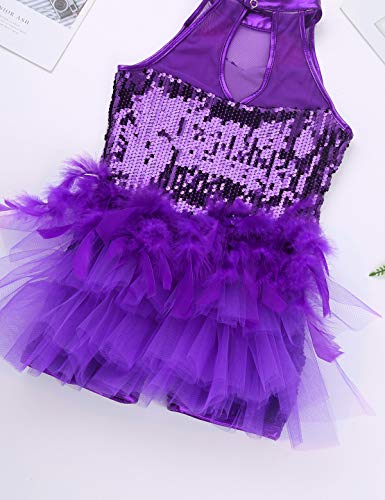 IEFIEL Tutu Vestido Maillot de Ballet Danza Niñas Traje de Jazz Baile Latin Leotardo de Lentejuelas con Falda Pluma Mono sin Mangas Ropa de Fiesta Actuación Morado 6-7 años