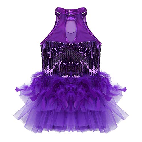 IEFIEL Tutu Vestido Maillot de Ballet Danza Niñas Traje de Jazz Baile Latin Leotardo de Lentejuelas con Falda Pluma Mono sin Mangas Ropa de Fiesta Actuación Morado 6-7 años