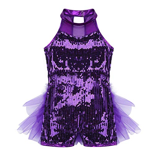 IEFIEL Tutu Vestido Maillot de Ballet Danza Niñas Traje de Jazz Baile Latin Leotardo de Lentejuelas con Falda Pluma Mono sin Mangas Ropa de Fiesta Actuación Morado 6-7 años