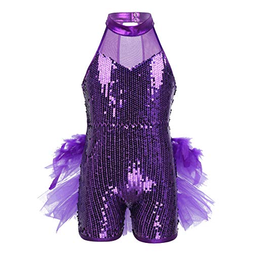 IEFIEL Tutu Vestido Maillot de Ballet Danza Niñas Traje de Jazz Baile Latin Leotardo de Lentejuelas con Falda Pluma Mono sin Mangas Ropa de Fiesta Actuación Morado 6-7 años