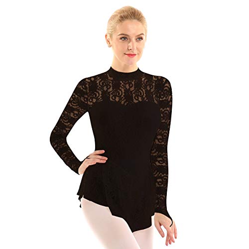 IEFIEL Vestido Maillot de Ballet Danza para Mujer Vestido Patinaje Manga Larga Encaje Flores Maillot Patinaje Artistico Disfraz Bailarina XS-XL Negro X-Large