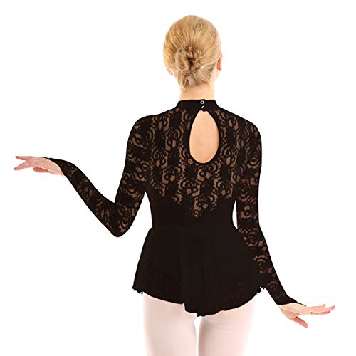 IEFIEL Vestido Maillot de Ballet Danza para Mujer Vestido Patinaje Manga Larga Encaje Flores Maillot Patinaje Artistico Disfraz Bailarina XS-XL Negro X-Large