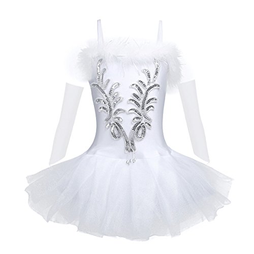 IEFIEL Vestido Maillot de Ballet Danza para Niña Chica (4-12 Años) Tutú Flor Princesa con Lentejuelas Brillantes + Guantes + Clip Blanco A 10-12 años