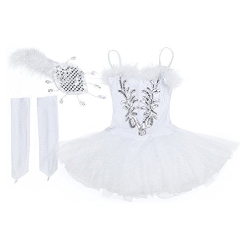 IEFIEL Vestido Maillot de Ballet Danza para Niña Chica (4-12 Años) Tutú Flor Princesa con Lentejuelas Brillantes + Guantes + Clip Blanco A 10-12 años