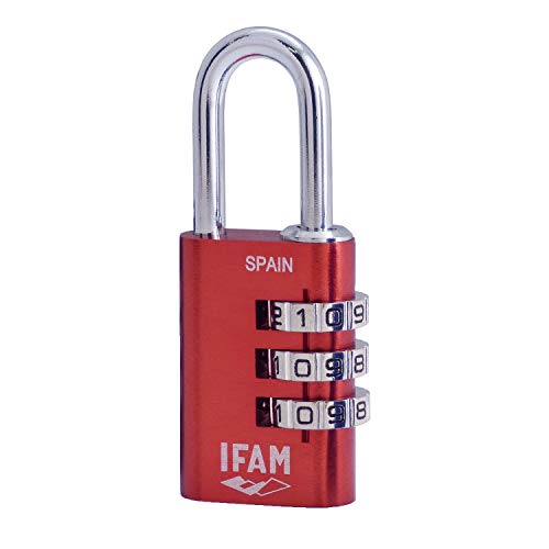 IFAM Col Combi20 (000612R) – Candado de combinación, 20mm, color rojo, 3 rodillos (1.000 combinaciones), cuerpo aluminio, arco diámetro 3mm, candado para maleta, viaje, gimnasio, taquilla, colegio