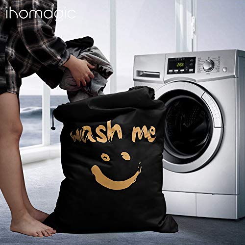 IHOMAGIC Bolsa de lavanderia Plegables Nilón Cesto para Ropa Saco para Baño con Organizador Lavandería Sonrisa Dorada para Viajes Cocina Dormitorio Hotel Gran Capacidad 120L, Negro