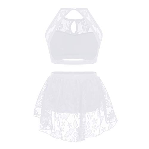 iiniim 2 pc Disfraces Niña Baile Jazz Ballet Conjunto Crop Top sin Mangas + Pantalones Cortos con Falda Tutú Traje con Encaje Flores para Lírica Danza Contemporánea Moderna Blanco 9-10 Años