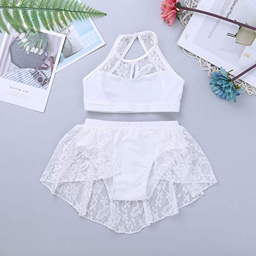 iiniim 2 pc Disfraces Niña Baile Jazz Ballet Conjunto Crop Top sin Mangas + Pantalones Cortos con Falda Tutú Traje con Encaje Flores para Lírica Danza Contemporánea Moderna Blanco 9-10 Años