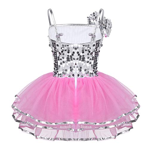 iiniim Maillot de Ballet Vestido Lentejuelas de Danza Fiesta Niña sin Mangas Traje de Baile Brillante Maillot Falda Gasa Tutu Ballet Vestido de Princesa Rosa 6-7 años