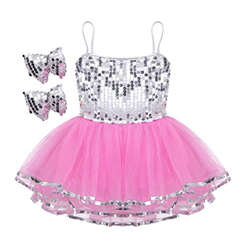 iiniim Maillot de Ballet Vestido Lentejuelas de Danza Fiesta Niña sin Mangas Traje de Baile Brillante Maillot Falda Gasa Tutu Ballet Vestido de Princesa Rosa 6-7 años