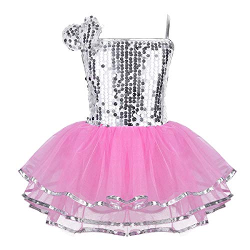 iiniim Maillot de Ballet Vestido Lentejuelas de Danza Fiesta Niña sin Mangas Traje de Baile Brillante Maillot Falda Gasa Tutu Ballet Vestido de Princesa Rosa 6-7 años