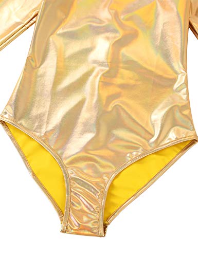 iiniim Maillot de Danza Ballet Baile para Mujer Mangas Largas Leotardo Gimnasia Body Brillo Elástico Cuello Alto Sexy Shiny Metallic Leotard Dorado X-Large