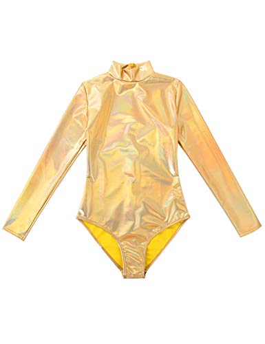 iiniim Maillot de Danza Ballet Baile para Mujer Mangas Largas Leotardo Gimnasia Body Brillo Elástico Cuello Alto Sexy Shiny Metallic Leotard Dorado X-Large