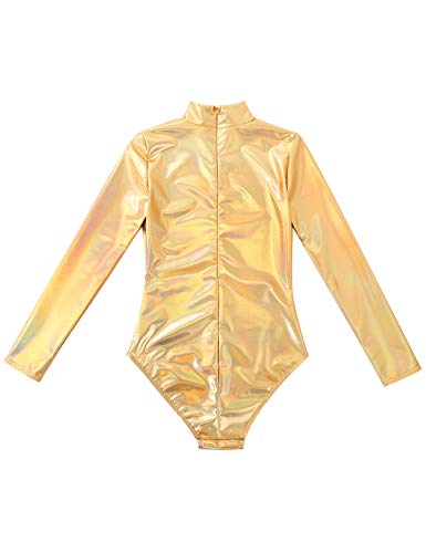 iiniim Maillot de Danza Ballet Baile para Mujer Mangas Largas Leotardo Gimnasia Body Brillo Elástico Cuello Alto Sexy Shiny Metallic Leotard Dorado X-Large