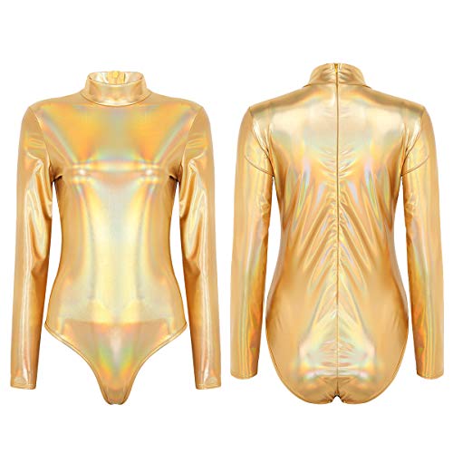 iiniim Maillot de Danza Ballet Baile para Mujer Mangas Largas Leotardo Gimnasia Body Brillo Elástico Cuello Alto Sexy Shiny Metallic Leotard Dorado X-Large