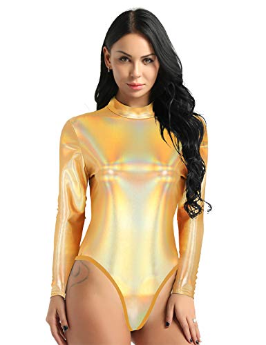 iiniim Maillot de Danza Ballet Baile para Mujer Mangas Largas Leotardo Gimnasia Body Brillo Elástico Cuello Alto Sexy Shiny Metallic Leotard Dorado X-Large