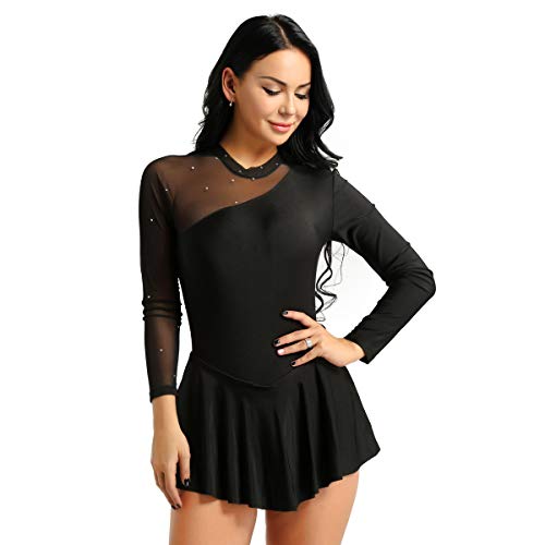 iiniim Vestido de Patinaje Artístico sobre Hielo para Mujer Transparente Leotardo de Gimnasia Maillot de Danza Ballet Manga Larga de Malla Espalda Abierto Negro Small