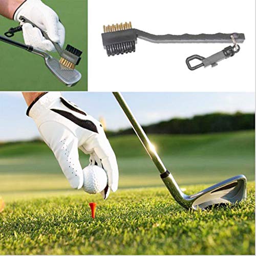 IKAAR - Cepillo y limpiador de surcos para palos de golf de golf de doble cara, nailon y latón, para limpiar la cara y surco, con mosquetón para colgar fácilmente en la bolsa de golf, color negro