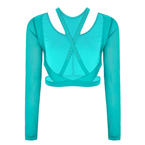 inhzoy Camiseta de Danza Ballet Diamantes para Mujer Top de Danza Contemporánea Manga Larga Espalda Cruzada Ropa de Baile Gimnasia Dancewear Teal Small