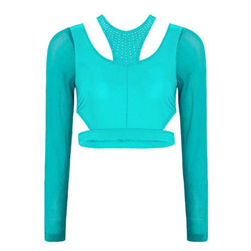 inhzoy Camiseta de Danza Ballet Diamantes para Mujer Top de Danza Contemporánea Manga Larga Espalda Cruzada Ropa de Baile Gimnasia Dancewear Teal Small