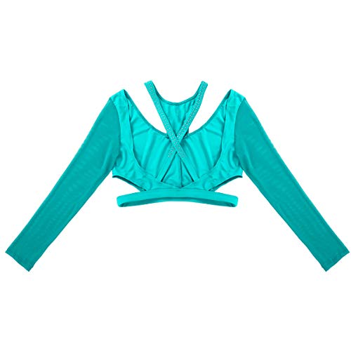 inhzoy Camiseta de Danza Ballet Diamantes para Mujer Top de Danza Contemporánea Manga Larga Espalda Cruzada Ropa de Baile Gimnasia Dancewear Teal Small