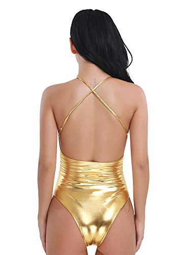 inhzoy Maillot de Danza Ballet Cuero para Mujer Brillante Body Correas Cruzadas Elástico Leotardo de Gimnasia Rítmica Disfraz de Bailarina Actuación Dorado XL