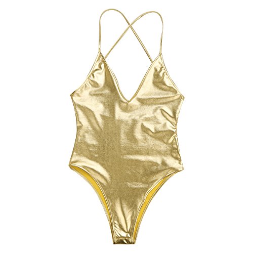 inhzoy Maillot de Danza Ballet Cuero para Mujer Brillante Body Correas Cruzadas Elástico Leotardo de Gimnasia Rítmica Disfraz de Bailarina Actuación Dorado XL