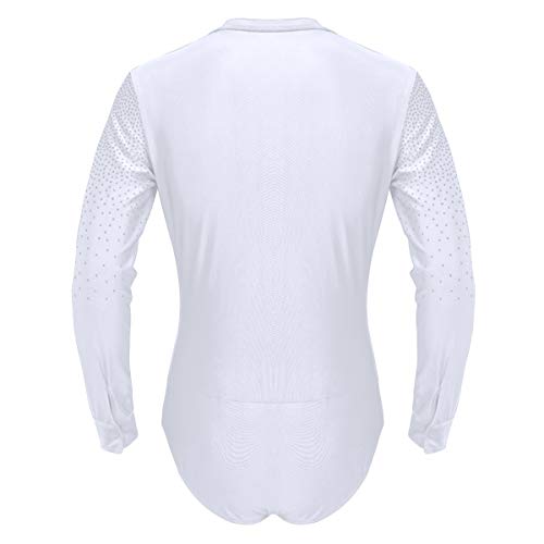 inlzdz Mailot de Baile para Hombre Camiseta de Danza Ballet Latino Jazz con Pedrería Brillante Body Camiseta de Baile con Cremallera Manga Larga Blanco X-Large