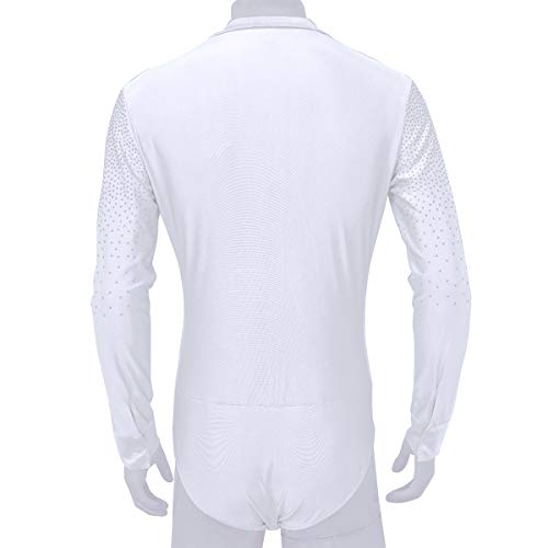 inlzdz Mailot de Baile para Hombre Camiseta de Danza Ballet Latino Jazz con Pedrería Brillante Body Camiseta de Baile con Cremallera Manga Larga Blanco X-Large