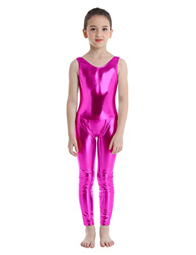 inlzdz Mailot de Ballet para Niñas 3-14 Años Mono de Gimnasia Brillante Pantalones Largos Leotardo Elástico Jumpsuit Ropa de Actuación Traje de Bailarina Rosa Oscuro 7-8 Años