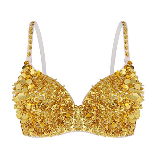 inlzdz Mujer Ropa Interior Sujetador con Lentejuelas Brillantes Bra Top de Danza de Vientre Traje para Fiesta Actuación Clubwear Dorado 38A, 38B, 38C