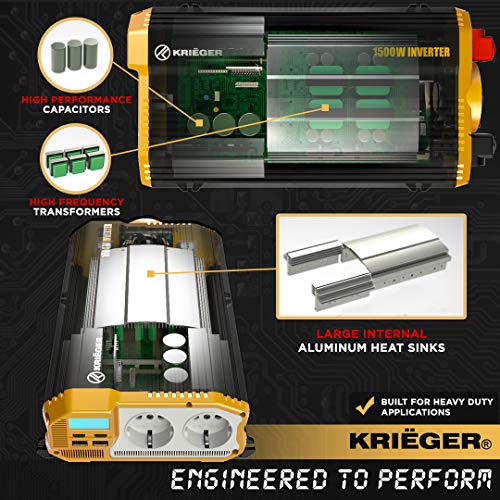 Inversor de Corriente Krieger 1500 Vatios Onda Modificada, Transformador / Convertidor 12V a 220V Portatil para Coche, 2 Puertos USB y 2 Tomas CA, Incluye Kit de Instalación - Aprobado bajo SGS y CE