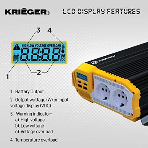 Inversor de Corriente Krieger 1500 Vatios Onda Modificada, Transformador / Convertidor 12V a 220V Portatil para Coche, 2 Puertos USB y 2 Tomas CA, Incluye Kit de Instalación - Aprobado bajo SGS y CE