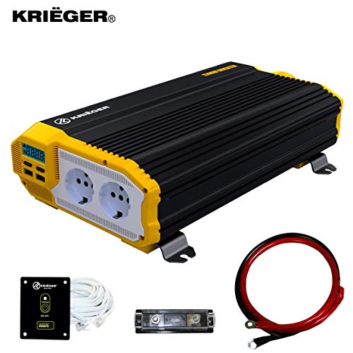 Inversor de Corriente Krieger 1500 Vatios Onda Modificada, Transformador / Convertidor 12V a 220V Portatil para Coche, 2 Puertos USB y 2 Tomas CA, Incluye Kit de Instalación - Aprobado bajo SGS y CE