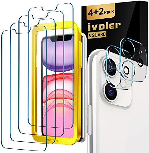 iVoler [4 Unidades] Protector de Pantalla para iPhone XR y iPhone 11 con Ayuda de posicionamiento, [2 Pack] Protector de lente de cámara para iPhone 11, Cristal Vidrio Templado [Doble protección]