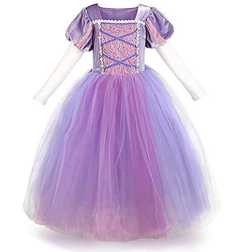 IWEMEK Sofia el Primer Traje de Princesa Rapunzel Disfraz Carnaval para Ninas Halloween Navidad Cumpleaños Cosplay Costume Vestido Largo de Fiesta de Baile de Tul Morado 3-4 Años