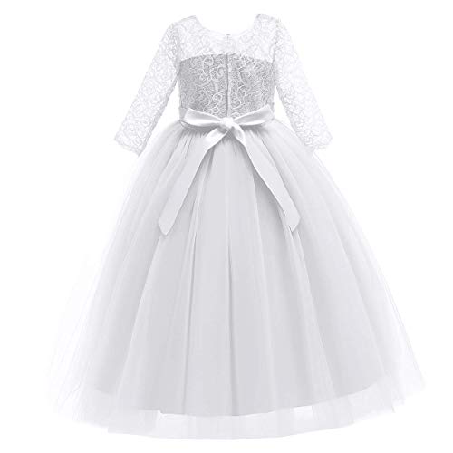 IWEMEK Vestidos de Princesa Fiesta de la Boda de Las Niñas 3/4 Largo Manga Tul Vestidos de Dama De Honor Fiesta Graduación Comunión Cumpleaños Paseo Baile Cóctel Vestido de Novia 13-14 Años