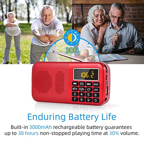 J-725C Radio FM portátil pequeña, Radio de batería Recargable Digital con Reloj Despertador, Linterna LED, Tiempo de reproducción ultralargo, Reproductor de MP3 AUX Micro-SD Pendrive, de PRUNUS(Rojo)