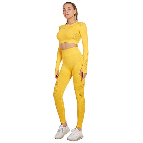 Jamron Mujer Conjunto de Ropa de Yoga Top Corto + Polainas 2 Piezas Chandal Gimnasio Fitness Ropa Deportiva Amarillo SN05405 L