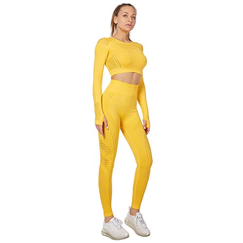 Jamron Mujer Conjunto de Ropa de Yoga Top Corto + Polainas 2 Piezas Chandal Gimnasio Fitness Ropa Deportiva Amarillo SN05405 L