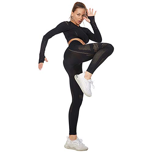 Jamron Mujer Conjunto de Ropa de Yoga Top Corto + Polainas 2 Piezas Chandal Gimnasio Fitness Ropa Deportiva Negro SN05405 S