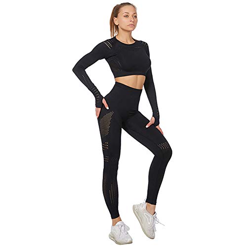 Jamron Mujer Conjunto de Ropa de Yoga Top Corto + Polainas 2 Piezas Chandal Gimnasio Fitness Ropa Deportiva Negro SN05405 S