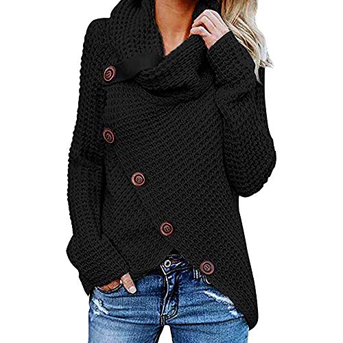 Jerseys De Punto para Mujer Cuello de Tortuga Manga Larga Suelto Prendas de Punto Suéter Irregular Jerséis Collar de la Pila Tops Cálido Otoño Invierno riou (z-Black, XXL)